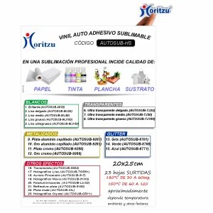 Vinil Adhesivo Sublimable Surtido. Paq. 23 Hojas Moritzu AUTOSUB-HS